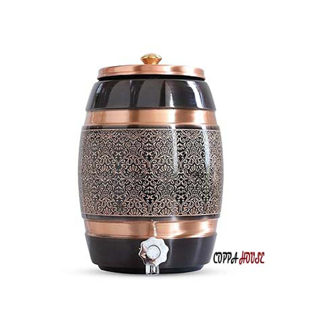 Copper Water Dispenser 5 Litre, Matka Pot With Tap and Embossed Design