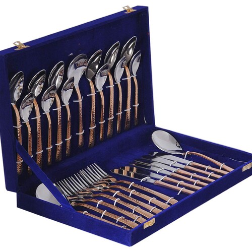 Copper Steel Spoon Fork Knife 27 PCs Cutlery Set Serving Flatware shops Set