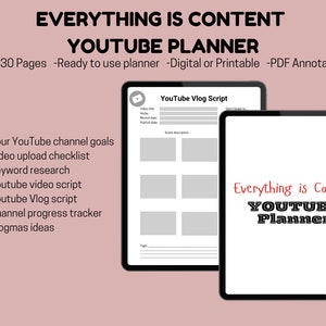 Editable Youtube Planner. Youtube Content Planner Digital Printable Planner YouTube Content Workbook for YouTubers Video Script Template
