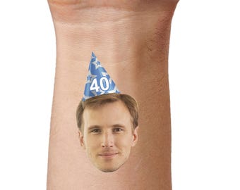Birthday Tattoos, Your face and party hat - Custom Temporary Tattoos - Party Accessory - Stag Dos - Hen Parties. Birthdays
