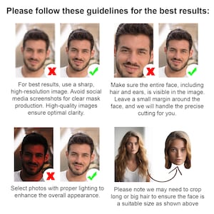 Pu&ograve; includere: Linee guida per scattare foto per una maschera facciale. L'immagine mostra quattro esempi di foto buone e cattive. Il testo dice di usare un'immagine nitida e ad alta risoluzione, assicurarsi che l'intero viso sia visibile e selezionare foto con una buona illuminazione. L'immagine mostra anche un esempio di come il viso dovrebbe essere ritagliato.
