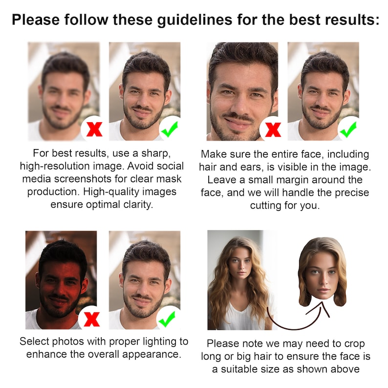 Pu&ograve; includere: Linee guida per scattare foto per una maschera facciale. L'immagine mostra quattro esempi di foto buone e cattive. Il testo dice di usare un'immagine nitida e ad alta risoluzione, assicurarsi che l'intero viso sia visibile e selezionare foto con una buona illuminazione. L'immagine mostra anche un esempio di come il viso dovrebbe essere ritagliato.