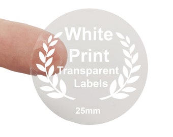 Transparent Stickers with White Print, Circle Labels 25mm, Clear Labels with White Print, Custom Stickers, Personalised Clear Labels