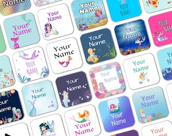 Square Mermaids Stick on Clothes Labels, Name Stickers, School Uniform Labels, Kids Name Stickers, Waterproof and dishwasher safe