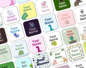 Square Dinosaur Stick on Clothes Labels, Name Stickers, School Uniform Labels, Kids Name Stickers, Waterproof and dishwasher safe