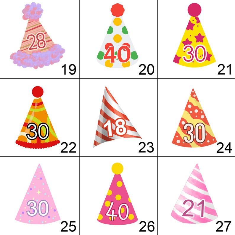 set 3 of hat design choices for personalised face bunting birthday bunting banner party decor 30th birthday 40th 50th 60th 18th