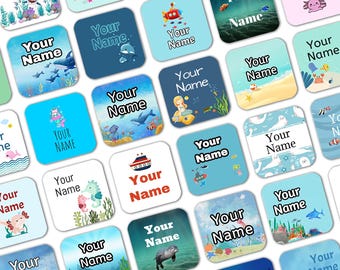 Square Under the Sea Stick on Clothes Labels, Name Stickers, School Uniform Labels, Kids Name Stickers, Waterproof and dishwasher safe