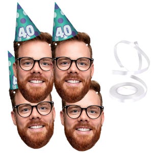 Personalised birthday bunting featuring multiple cutouts of a smiling bearded man’s face wearing a blue and green polka dot party hat with the number 40 printed on it. The cutouts have pre-punched holes for easy stringing, and a roll of white ribbon is included for assembly. A fun and customised decoration, perfect for celebrating a 40th birthday in a unique way.