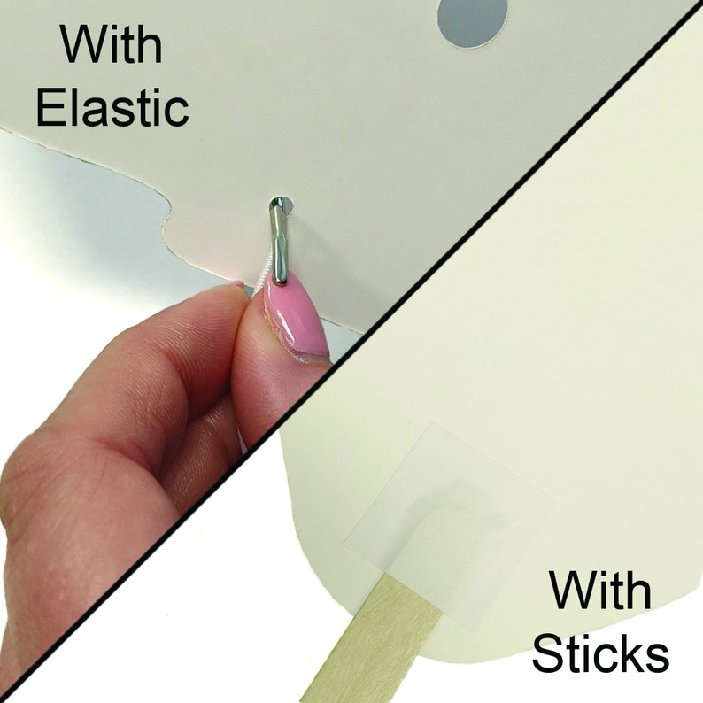 May include: Two white cardboard cutouts of a popsicle, one with a white elastic string threaded through a hole and the other with a wooden stick attached. The text "With Elastic" is above the cutout with the elastic and the text "With Sticks" is below the cutout with the stick.