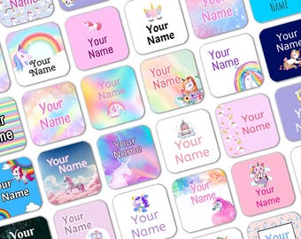 Square Unicorn Stick on Clothes Labels, Name Stickers, School Uniform Labels, Kids Name Stickers, Waterproof and dishwasher safe