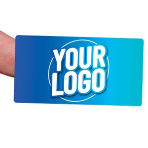 May include: A rectangular sticker featuring a blue to cyan gradient background. Centered on the sticker is a white circular outline surrounding the bold, white, sans-serif text that reads YOUR LOGO, which has a subtle drop shadow effect.