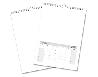 May include: Two white wall calendars with silver wire spiral binding at the top. The front calendar displays a grid for January 2027, with the month and year clearly printed at the top of the grid. Both calendars feature blank space above the grid.