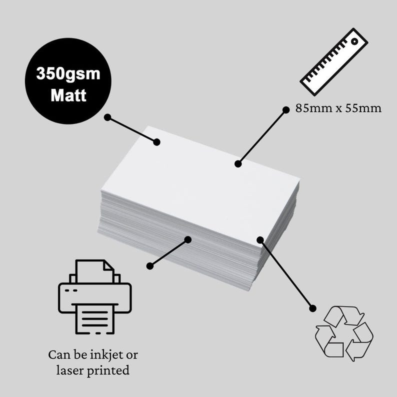 A stack of blank white business cards on a grey background with labels and icons. The card is 85mm x 55mm, made from 350gsm matt paper, and can be inkjet or laser printed. A recycling icon indicates the cards are recyclable.