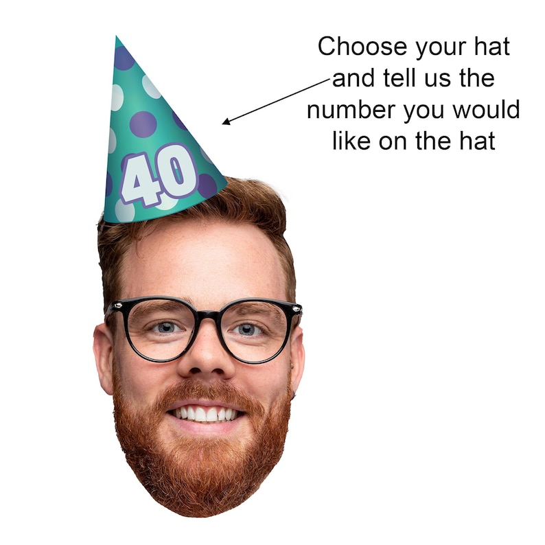 Customised birthday face bunting featuring a smiling man’s face wearing a green and blue spotty party hat with the number 40 printed on it. The image includes text indicating that customers can choose their hat design and personalise the number on the hat. A fun and unique decoration for milestone celebrations, perfect for adding a personal touch to any party.