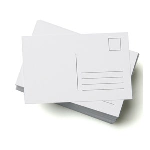 May include: A pile of blank white postcards, ideal for sending messages. Each postcard features a stamp box, a vertical line, and horizontal lines for the address and message. The postcards are stacked on top of each other.