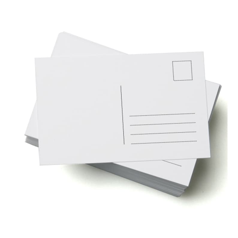 May include: A stack of blank white postcards, perfect for sending messages. Each postcard has a designated area for a stamp, a vertical line, and horizontal lines for the address and message. The postcards are stacked on top of each other.