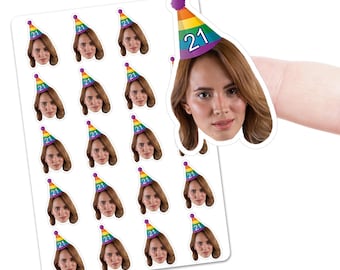 Personalised Face Stickers with Party Hat, Custom Shaped Stickers, Party Accessory, Birthdays, Upload Your Photo
