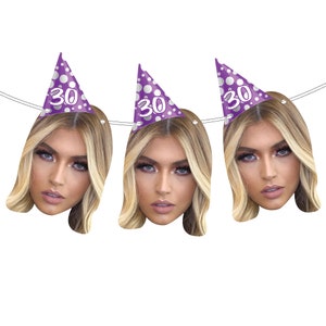 Personalised Face Bunting With Party Hat A5 Photo Banner CUTOUT Party Accessory Hen Parties Stag Birthdays