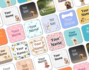 Square Dogs Stick on Clothes Labels, Name Stickers, School Uniform Labels, Kids Name Stickers, Waterproof and dishwasher safe