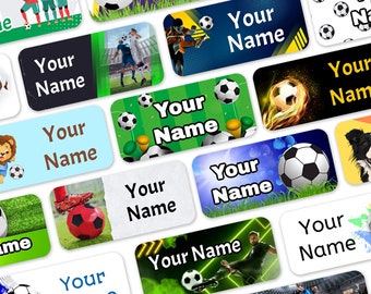 Może przedstawiać: Zestaw kolorowych, prostokątnych naklejek z piłkami nożnymi i tekstem "Your Name". Naklejki idealnie nadają się do personalizowania przedmiotów.