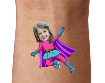 Personalised Birthday Temporary Tattoos, 18th 21st 30th 40th 50th 60th Birthday, Custom Face Party Tattoos, Kids Birthday, Pink Superhero