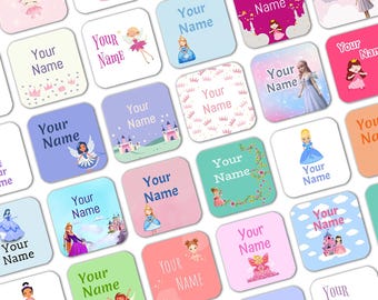 Square Princess Stick on Clothes Labels, Name Stickers, School Uniform Labels, Kids Name Stickers, Waterproof and dishwasher safe