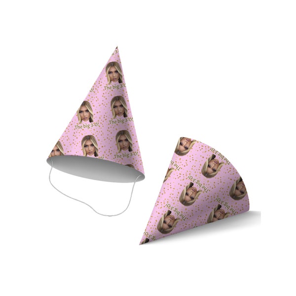 Personalised Party Hats, Your Face On A Hat, CUTOUT Ready, Party Accessory, Hen Parties, Birthdays, Pink and Gold 7514