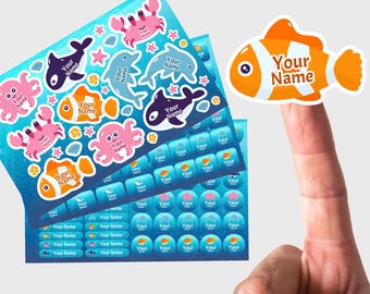 Personalised Sea Animals Name Labels for Kids Stick On Waterproof Clothing Tags for School, Nursery, Uniforms Daycare, School Sticker Bundle