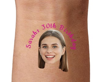 Personalised Birthday Temporary Tattoos, 18th 21st 30th 40th 50th 60th Birthday, Custom Face Party Tattoos, Milestone Birthday, Pink Text