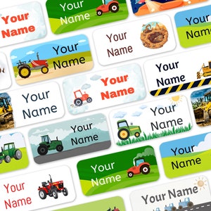 May include: A set of colourful labels featuring tractor and construction vehicle illustrations. Each label has the text "Your Name" printed on it.