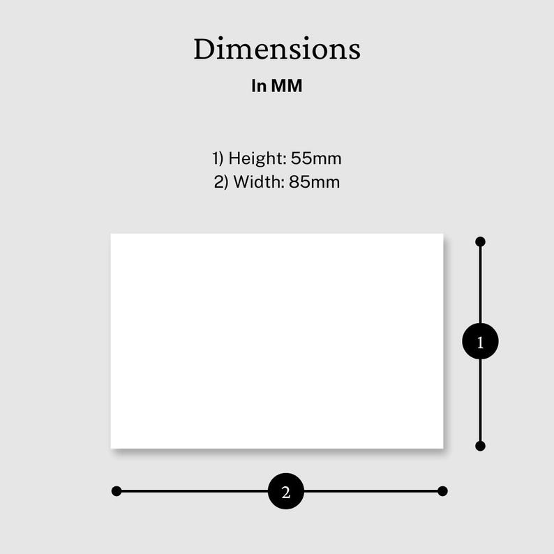 A diagram showing the dimensions of a blank white business card against a grey background. The card's height is 55mm, and its width is 85mm, with arrows and labels indicating the measurements. Text above reads "Dimensions in MM."
