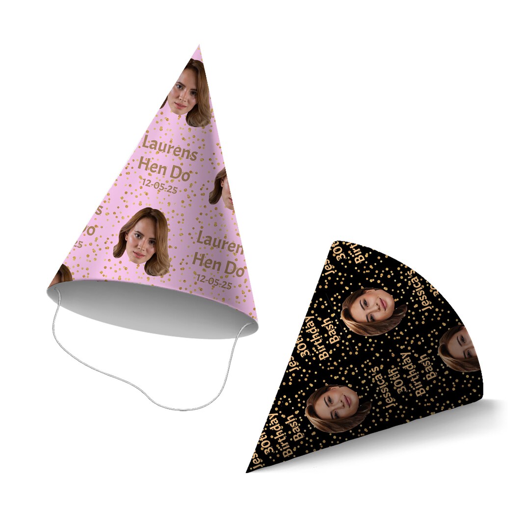 Personalised Party Hats, Your Face on A Hat Repeated Pattern and Text