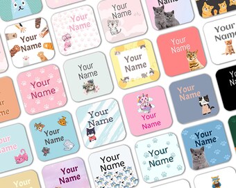 Square Cats Stick on Clothes Labels, Name Stickers, School Uniform Labels, Kids Name Stickers, Waterproof and dishwasher safe