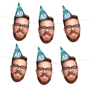Personalised Face Bunting With Party Hat A5 Photo Banner CUTOUT Party Accessory Milestone Birthday Face Bunting, 30th, 40th, 50th, 60th