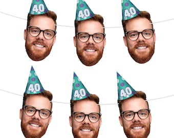 Personalised Face Bunting With Party Hat A5 Photo Banner CUTOUT Party Accessory Milestone Birthday Face Bunting, 30th, 40th, 50th, 60th