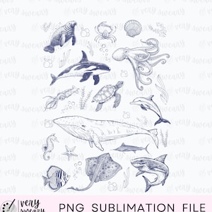Retro Sea Life PNG, Vintage Ocean PNG, Tattoo Ästhetik PNG, Wal, Schildkröte, Delfin, Nostalgie-Grafik-T-Shirt Design, Sublimationsdesign
