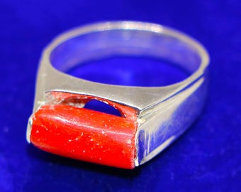 Natural Red Coral Ring - Handmade 925k Solid Sterling Silver Men's Ring - Husband Gift Ring