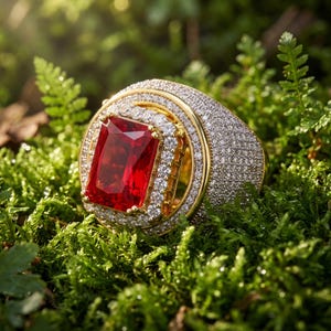 May include: A gold ring featuring a large, rectangular, faceted red gemstone at the centre, surrounded by a double halo of small, clear, round-cut stones. The entire surface of the wide gold band is encrusted with numerous tiny, clear stones.