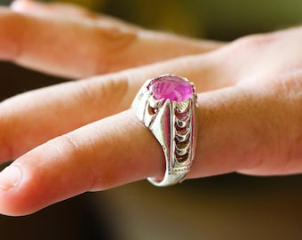 Handmade Ruby Silver Ring for Men, Oval Cabochon Ruby Statement Ring, 925k Silver Antique Mens Ring, Father's Day Gift, Unique Jewelry