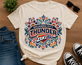 Oklahoma City Thunder T-Shirt Mexican Folk Art Design – Floral Cotton Fan Tee