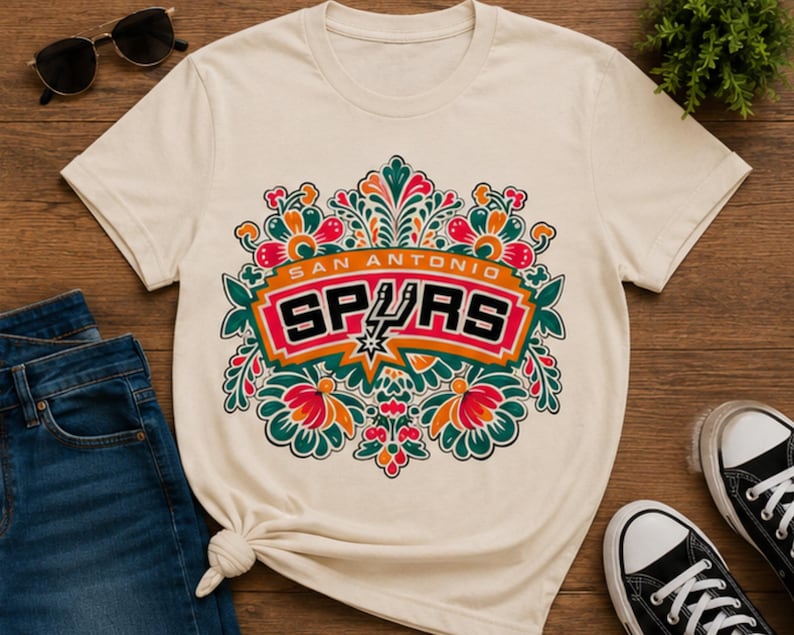 May include: Cream-colored t-shirt featuring the San Antonio Spurs logo with floral and geometric designs in red, green, and orange. The shirt is paired with blue jeans and black and white sneakers.