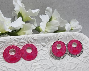 Bright Pink Disc Earrings | Silver Filigree, Lightweight Dangle