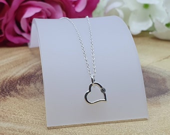 Sterling Silver Angled Heart with Cubic Zirconia Pendant Necklace