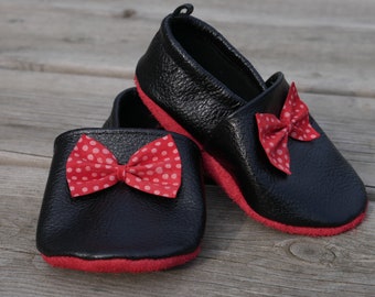 Leather slippers up-cycling baby girl girl red bow polka dots white rockabilly French manufacture