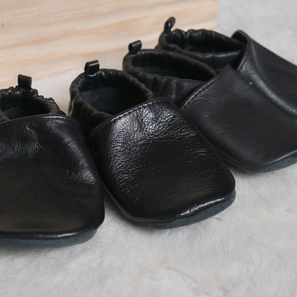 chaussons cuir véritable noir brillant fille mat garçon mixte écologique zéro déchets bébé enfants naissance cadeau anniversaire france