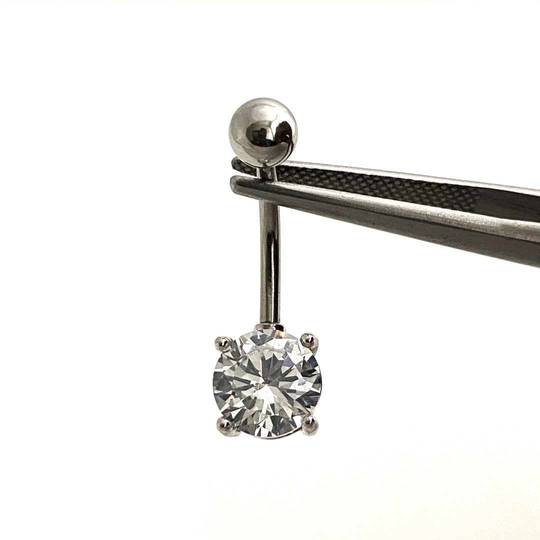 14kt Solid Gold Navel Piercing / Navel Barbell Ring / 1 Ct Moissanite