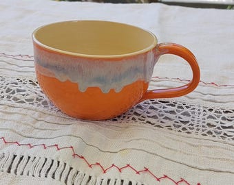 Jumbo mug, large, ceramic, handmade, approx. 370 ml, orange with flowing glaze