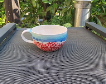 Jumbo mug, large, ceramic, handmade, approx. 500 ml, white, red flowers, turquoise blue