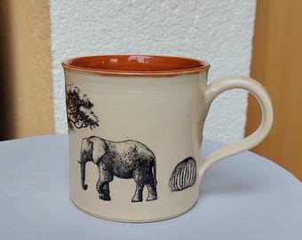 Jumbo ceramic mug with elephant safari design, Africa, approx. 370 ml, hand-thrown