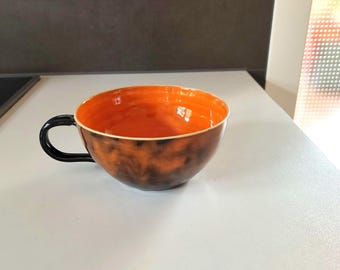 Handmade ceramic teacup, approx. 360 ml, orange-black retro lava look